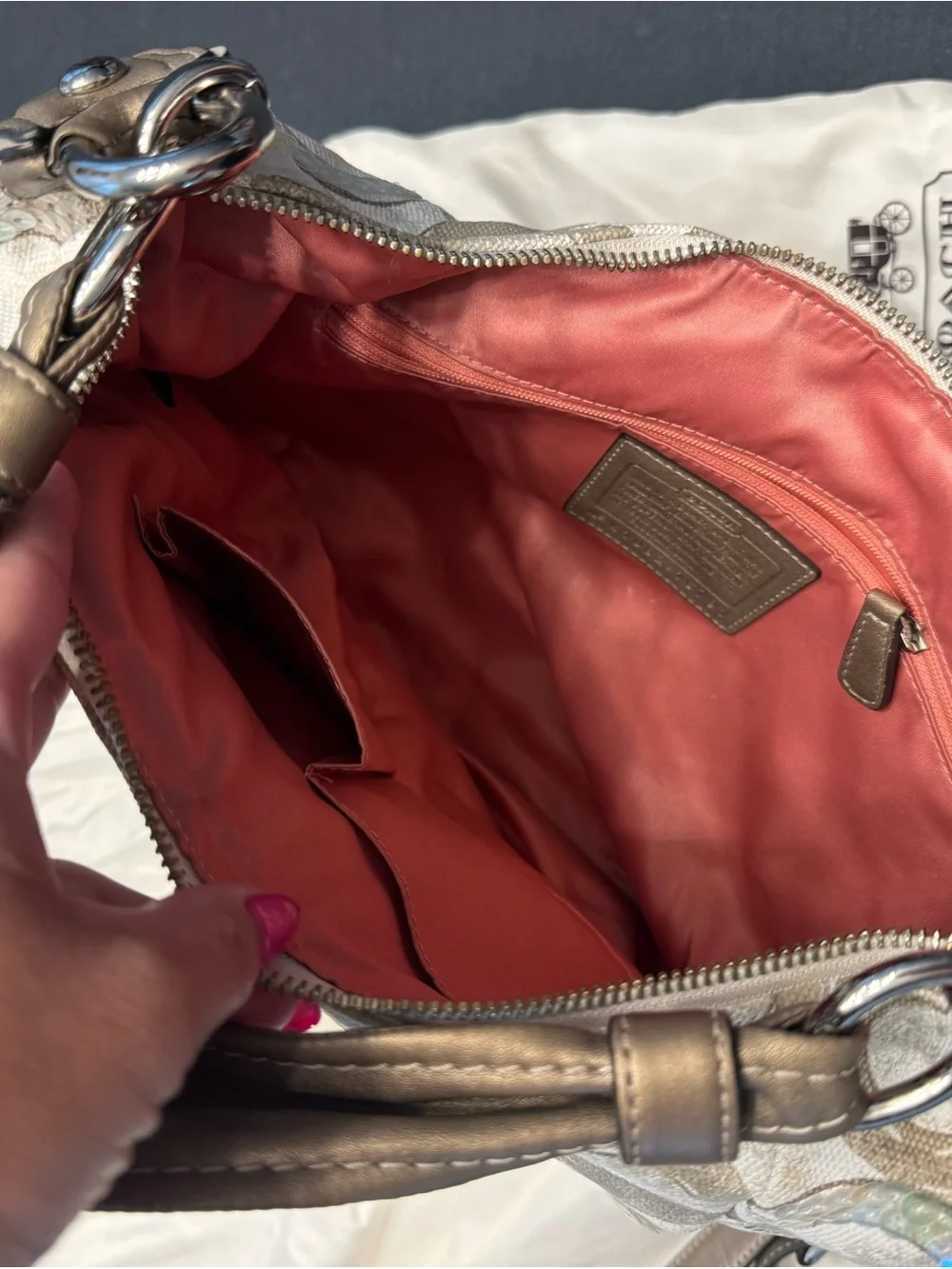 Coach Iridescent Signature Shoulder Bag in Taupe and Cream